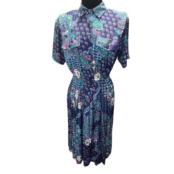 Vintage 90s Leslie Fay Blue Purple Boho Patchwork Geek Secretary Dress Med Large - Picture 1 of 7